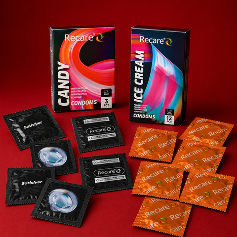 Набір Candy Boom 45 шт &mdash; 522 грн: Satisfyer Premium 53 мм M &mdash; 3 шт; Recare Delay Candy 12 шт &mdash; 1 уп.; Recare Fruit Flavour 12 шт &mdash; 1 уп.; Holographic Recare Ice Cream Big Dotted 12 шт &mdash; 1 уп.; Holographic Recare Delay Candy 3 шт &mdash; 1 уп.; Recare Cola Dotte MM27279 фото