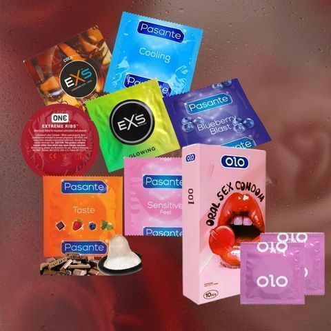 Ribbed Max 60+10шт: EXS Cola Flavoured - 19 шт, EXS Glowing - 1 шт, OLO Ultrathin Oral Sex - 1 уп, ONE Extreme Ribs - 1 шт, Pasante Cooling - 8 шт, Pasante Taste Blueberry - 7 шт, Pasante Taste Chocolate - 17 шт, Pasante Ultra Sensitive Touch - 7 шт MM2340 фото