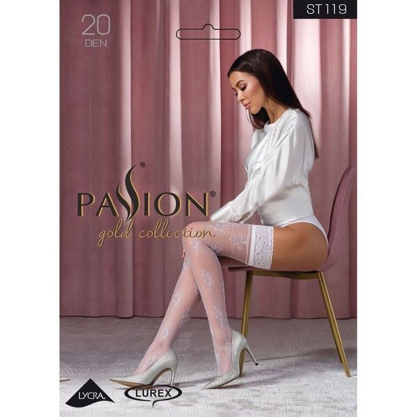 Панчохи Passion ST119 5 white на ажурній силіконовій резинці з квітковим декором і люрексовою ниткою SO5784 фото