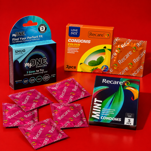 Набір MyONE First Touch 15 шт &mdash; 535 грн: MyONE Snug Sampler 3 шт &mdash; 1 уп.; Recare Delay Candy 3 шт &mdash; 1 уп.; Recare Fruit Flavour 3 шт &mdash; 1 уп.; Recare Cola Dotted&Ribbed 3 шт &mdash; 1 уп.; Recare Ultra Thin Mint 3 шт &mdash; 1 уп. MM27281 фото