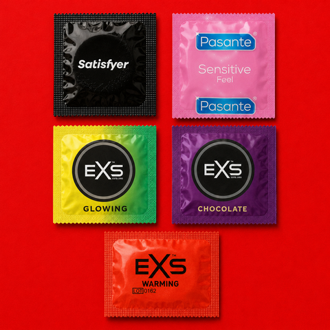 Набір 24 товарів Full Experiment Mix: MyONE Classic Sampler 3 шт, картонна коробка &mdash; 1 уп.; EXS Chocolate Flavoured &mdash; 1 шт; EXS Banana Flavoured &mdash; 1 шт; Pasante Taste Tropical &mdash; 1 шт; EXS Glowing &mdash; 1 шт; EXS Warming &mdash; 1 шт; EXS Cooling &mdash; 1 шт; EXS Delay &mdash; MM27361 фото