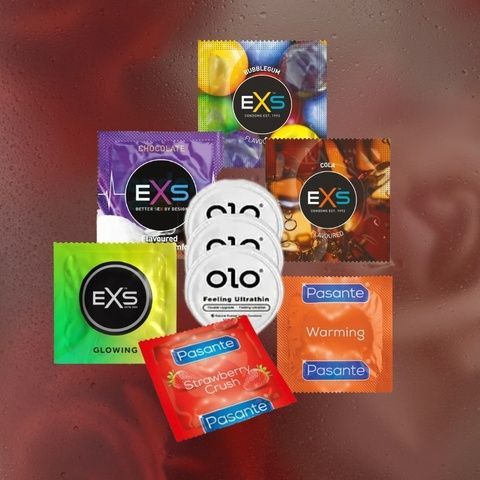 Набір One for All: EXS Bubblegum Flavoured - 7 шт, EXS Chocolate Flavoured - 7 шт, EXS Cola Flavoured - 16 шт, EXS Glowing - 4 шт, OLO Black Feeling Ultrathin 1 уп., Pasante Taste Strawberry - 8 шт, Pasante Warming - 13 шт MM2342 фото