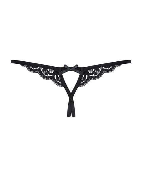 Мереживні танги з двома отворами Obsessive 831-THC-1 crotchless thongL/XL, чорні, бантики SO7176 фото