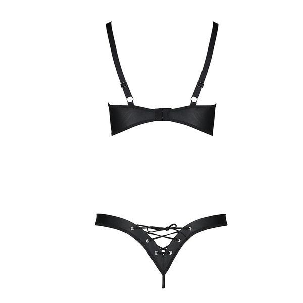 Комплект з екошкіри Passion CELINE BIKINI L/XL black, відкритий бра зі стрічками, стрінги SO6400 фото