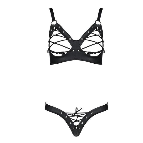 Комплект з екошкіри Passion CELINE BIKINI L/XL black, відкритий бра зі стрічками, стрінги SO6400 фото