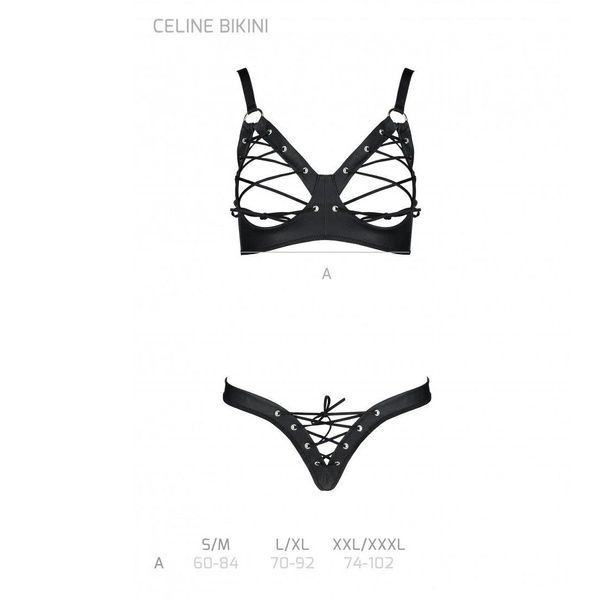 Комплект з екошкіри Passion CELINE BIKINI L/XL black, відкритий бра зі стрічками, стрінги SO6400 фото