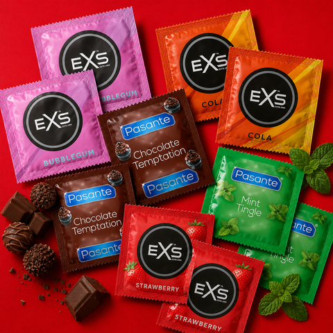 Набір Flavours 30 шт: EXS Bubblegum Flavoured аромат баблгам - 6 шт; EXS Chocolate Flavoured аромат шоколад - 6 шт; EXS Cola Flavoured аромат кола- 6 шт; Pasante Taste Mint Tingle - 6 шт; MM27516 фото