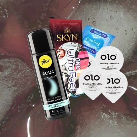 Набір "Інтенсивні відчуття" (ONE Ultra Feel - 5 шт, SKYN Intense Feel - безлатексні з ребристою поверхнею, 5 шт, OLO Feeling Ultrathin з гіауроновою змазкою - 5 шт, Pasante Cooling охолоджуючі- 5 шт, pjur Aqua Panthenol (30 мл)) MM26773 фото