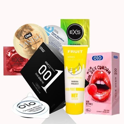 Комплект Mix: OLO з гіауроновою змазкою + EXS латексні + ONE латексні &ndash; 34 шт + OLO Lube Банан ароматизований MM2546 фото