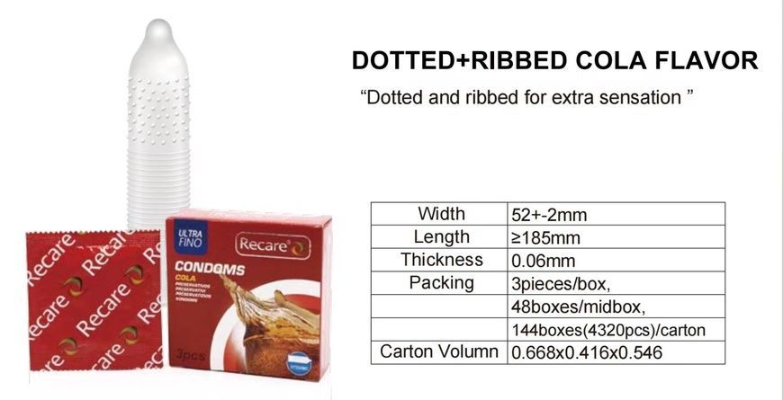 Презервативи Recare Cola Dotted&Ribbed Condoms 3 шт, з пухирцями та ребрами, аромат: Кола SX3319 фото