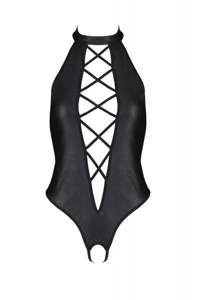 Боді з екошкіри Passion NANCY BODY 6XL/7XL black, з імітацією шнурівки та відкритим доступом SO7105 фото