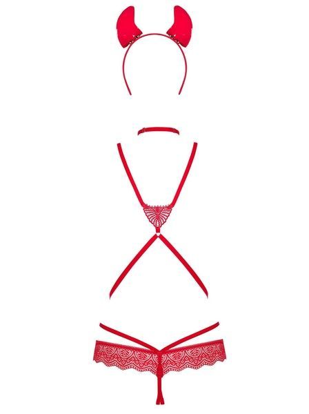 Еротичний костюм чортика зі стреп Obsessive Evilia teddy red S/M, боді, чокер, накладки на соски, обруч з ріжками SO7706 фото