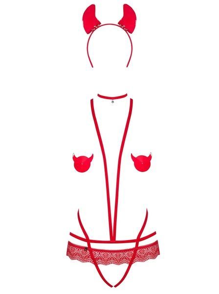 Еротичний костюм чортика зі стреп Obsessive Evilia teddy red S/M, боді, чокер, накладки на соски, обруч з ріжками SO7706 фото