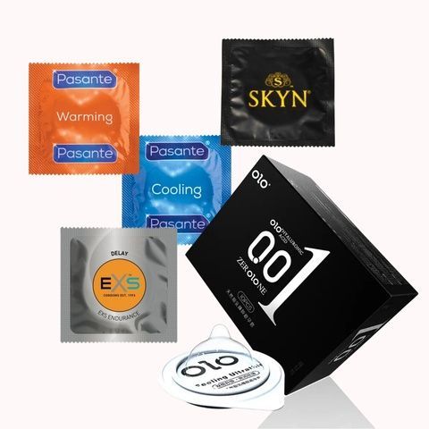 Набір Mix OLO з гіауроновою змазкою , Pasante латексні, EXS, Skyn безлатексні &ndash; 26 шт (Надтонкі, Охолоджуючі, Розігріваючі, Пролонгуючі, Ті що світяться, Elite тонкі безлатексні, Intense Feel ребристі безлатексні, Original класичні безлатексні) MM2502 фото