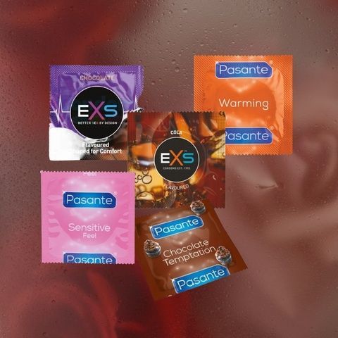 Набір Chocolate Sensitive: EXS Chocolate Flavoured - 9 шт, EXS Cola Flavoured - 12 шт, Pasante Taste Chocolate - 15 шт, Pasante Ultra Sensitive Touch - 11 шт, Pasante Warming - 11 шт MM2302 фото