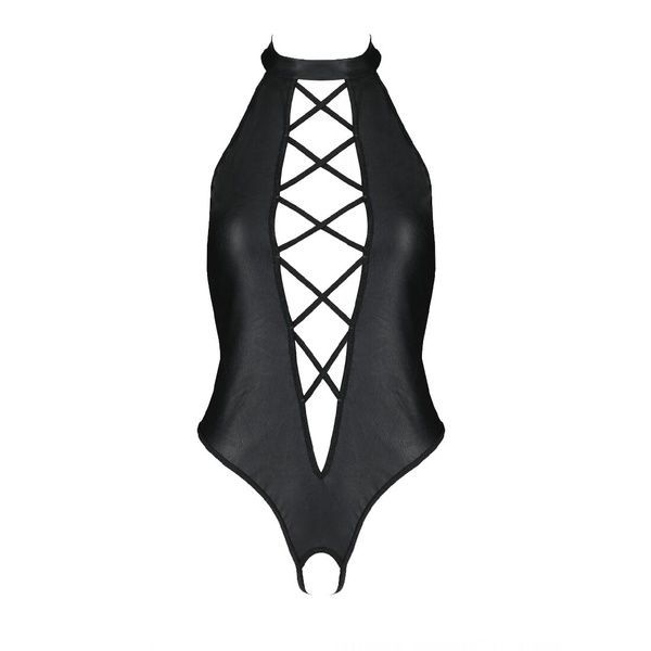 Боді з екошкіри Passion NANCY BODY 6XL/7XL black, з імітацією шнурівки та відкритим доступом SO7105 фото