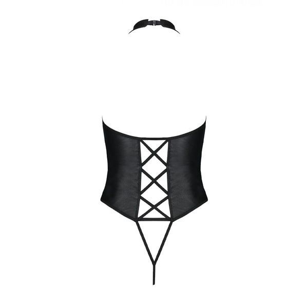 Боді з екошкіри Passion NANCY BODY 6XL/7XL black, з імітацією шнурівки та відкритим доступом SO7105 фото