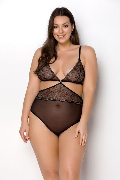 Боді Passion AMBERLY BODY 4XL/5XL black, асиметричний крій, мереживний ліф, золота нитка SO7049 фото