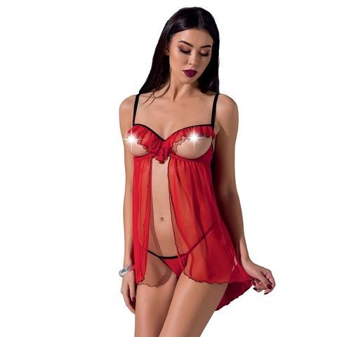 Прозорий пеньюар з відкритими грудьми CHERRY CHEMISE red L/XL - Passion Exclusive, трусики PS25501 фото