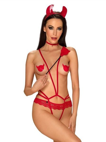 Еротичний костюм чортика зі стреп Obsessive Evilia teddy red L/XL SO7707 фото