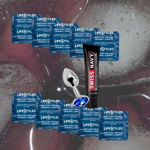 Комплект для комфортних експериментів (LifeStyles Ultra Lubricated 10 шт. + Swiss Navy Premium Anal 10 мл. + Металева анальна пробка Alive Mini Metal Butt Plug Blue S) MM1386 фото