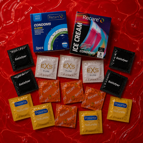 Набір 22 шт Size Match XL&ndash;XXL (EXS Delay &mdash; 2 шт; EXS Pure EKO &mdash; 2 шт; Pasante Naturelle &mdash; анатомічні &mdash; 1 шт; Pasante Sensitive Feel &mdash; 3 шт; Satisfyer Premium Condoms 56 мм L &mdash; 2 шт; Satisfyer Premium Condoms 60 мм XL &mdash; 2 шт; Satisfyer Premium Condoms 64 м MM27426 фото