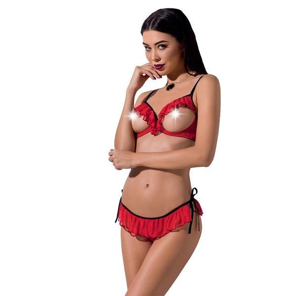 Комплект білизни Passion Exclusive CHERRY SET OpenBra S/M, red, відкритий ліф, трусики-спідничка PS25508 фото