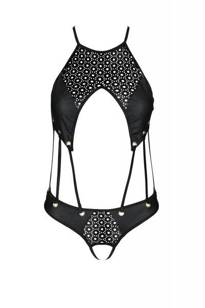 Боді з відкритим доступом Passion TASMINA BODY S/M, black, екошкіра, шнурівки, ажурні мережива SO7110 фото