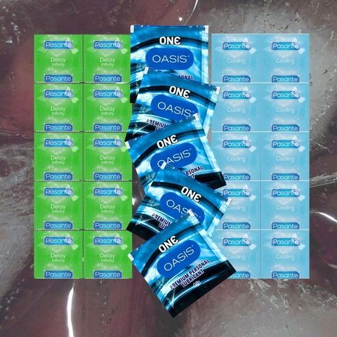 Набір Pasante Delay Infinity пролонгуючі &ndash; 10 шт., Pasante Cooling охолоджуючі, ребристі &ndash; 10 шт., Лубрикант ONE Oasis 4,5 г &ndash; 5 шт. MM26782 фото