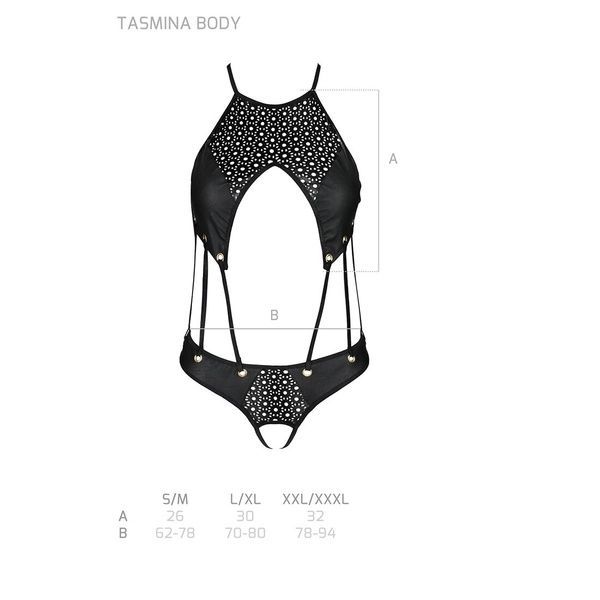 Боді з відкритим доступом Passion TASMINA BODY S/M, black, екошкіра, шнурівки, ажурні мережива SO7110 фото